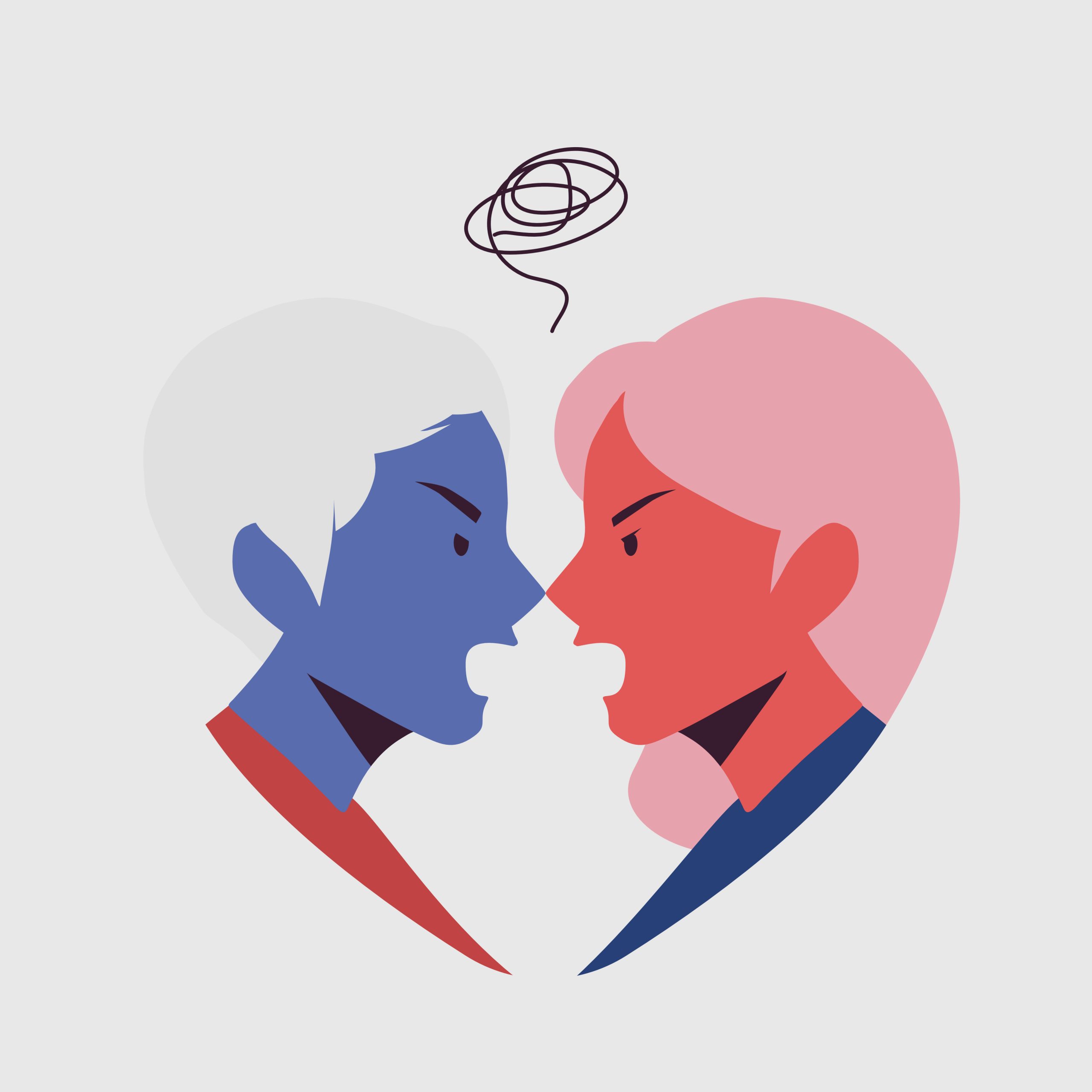 Couple conflict concept. Angry young couple shouting face to face. Pensive upset woman and man feeling offended, thinking over problems in relationships, men and women quarreling, brawling, bickering